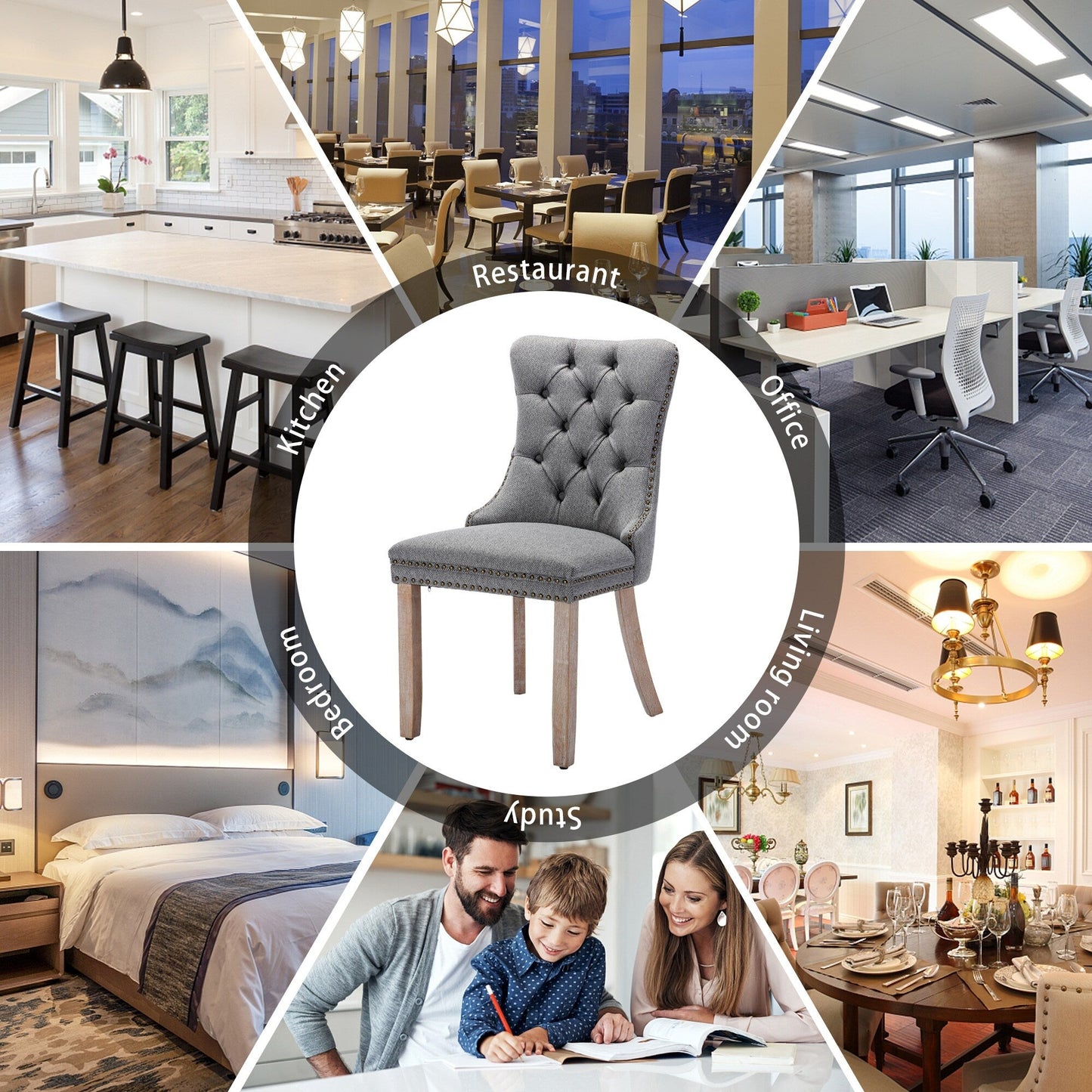 Sedia da pranzo imbottita in velluto trapuntato con gambe in legno massello, set da 6