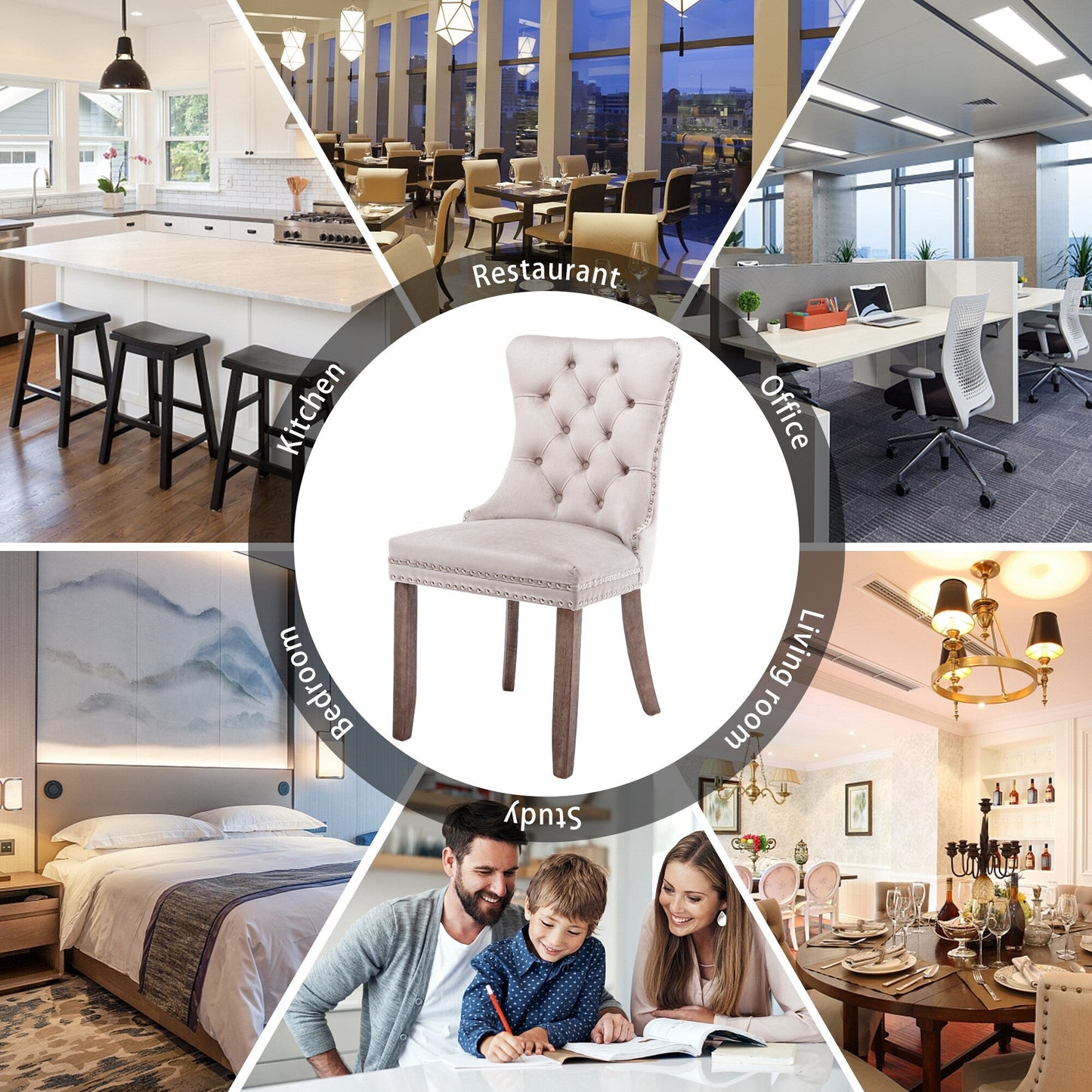 Sedia da pranzo imbottita in velluto trapuntato con gambe in legno massello, set da 6