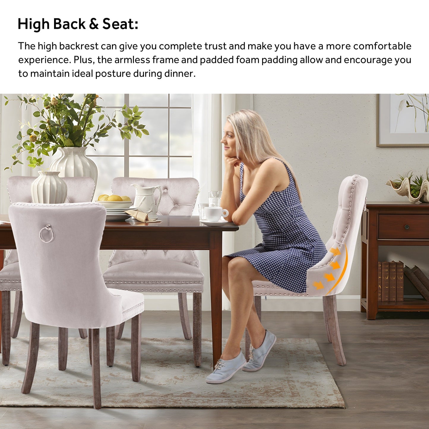 Sedia da pranzo imbottita in velluto trapuntato con gambe in legno massello, set da 6