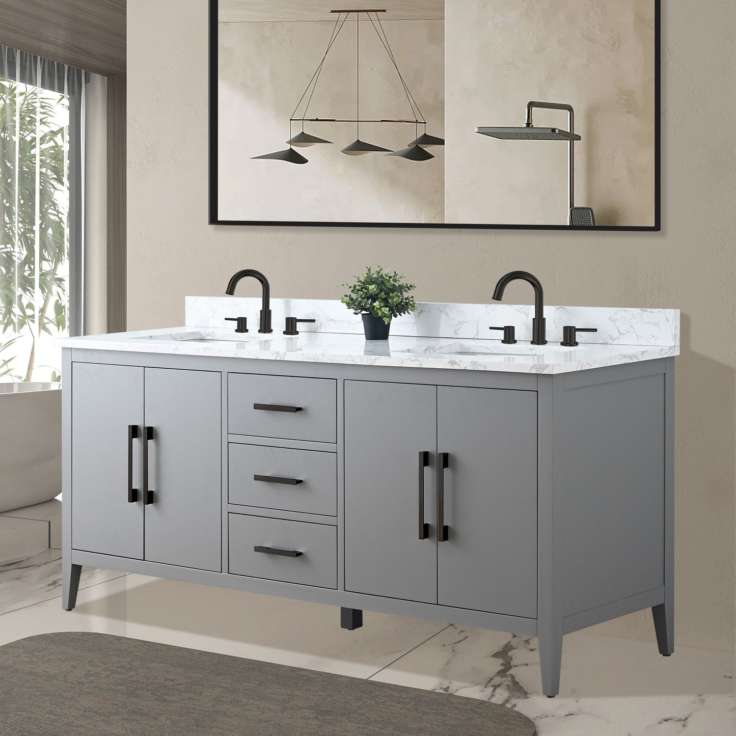 Mobiletto per lavabo da bagno Vanity Art 72 con doppio lavabo e piano in marmo ingegnerizzato