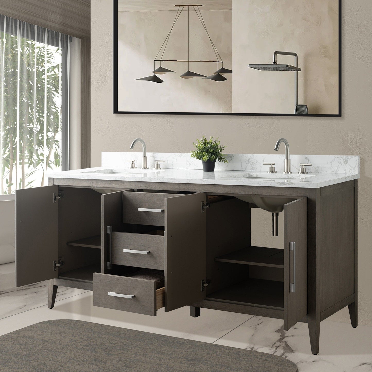 Mobiletto per lavabo da bagno Vanity Art 72 con doppio lavabo e piano in marmo ingegnerizzato