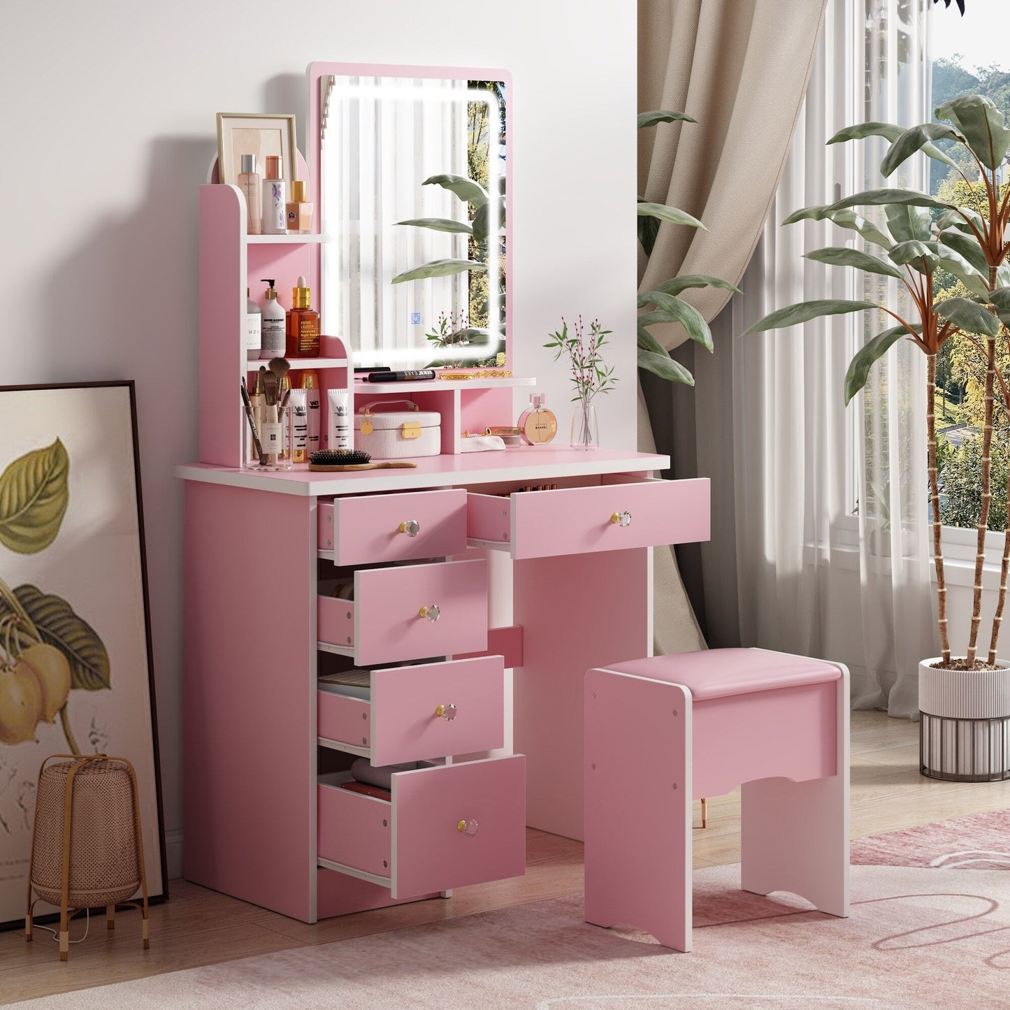 Set da toeletta con specchio e lampada, tavolo da trucco per la casa con sgabello