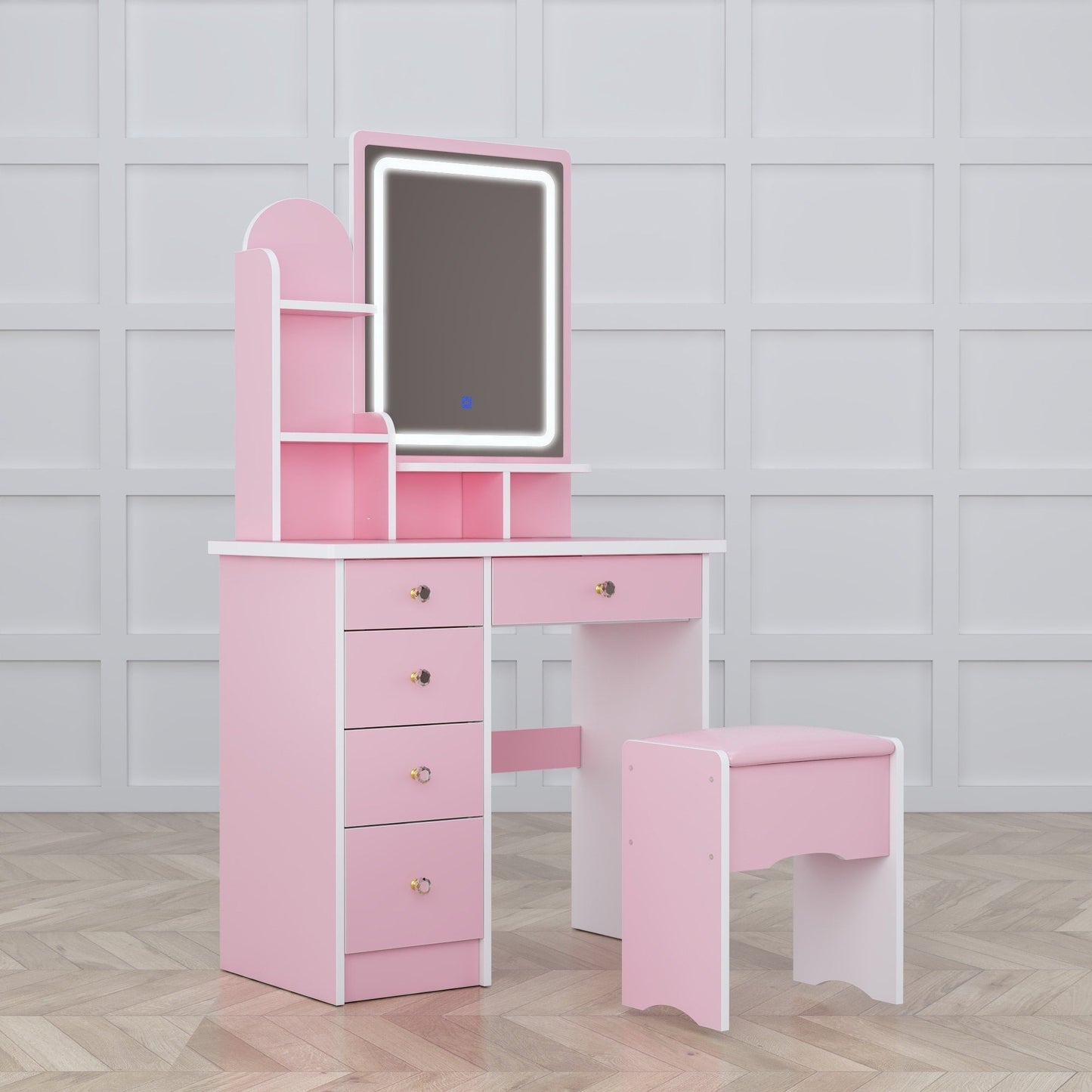 Set da toeletta con specchio e lampada, tavolo da trucco per la casa con sgabello