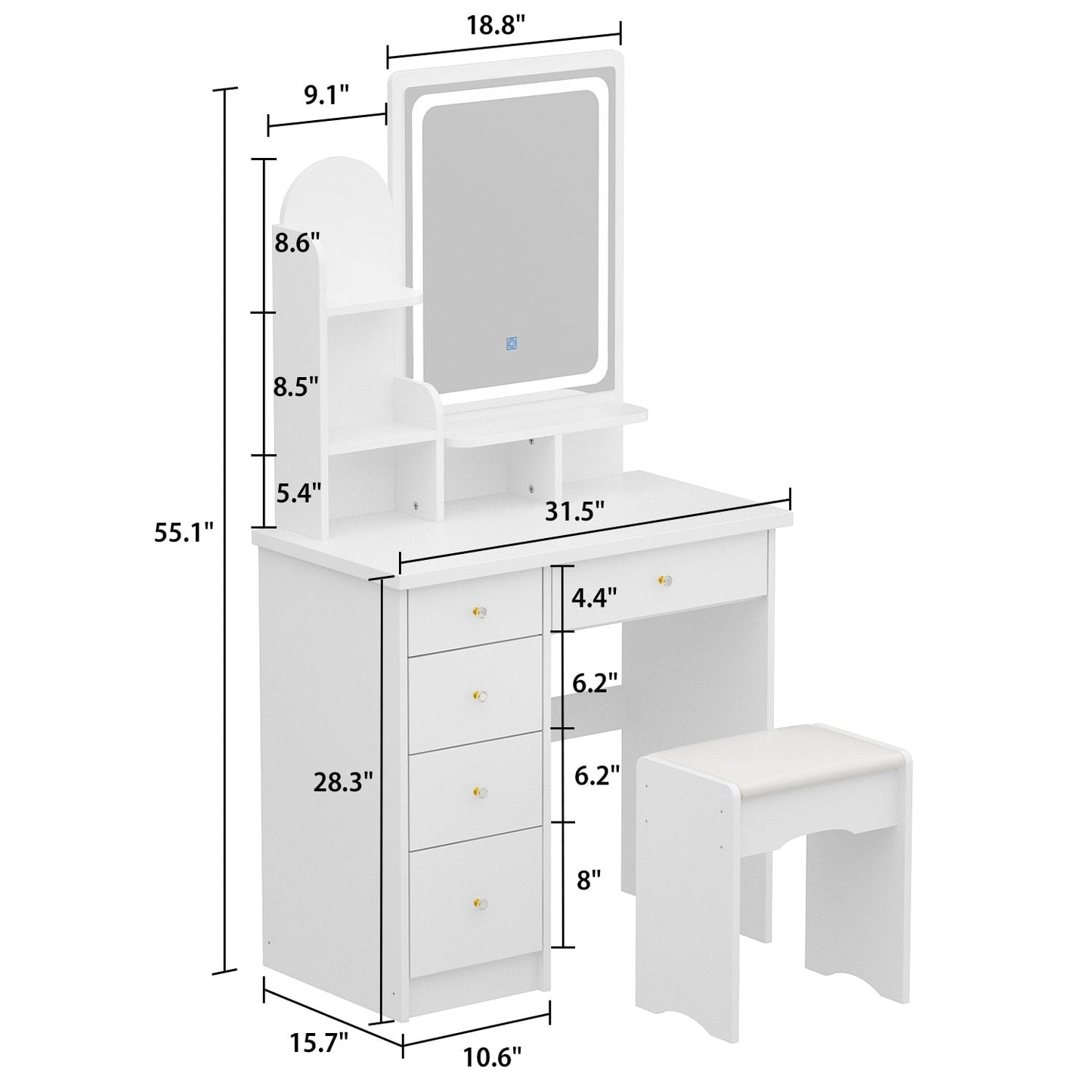Set da toeletta con specchio e lampada, tavolo da trucco per la casa con sgabello