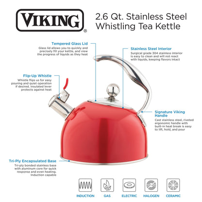 Bollitore fischiante Viking in acciaio inossidabile rosso da 2,6 litri con base a 3 strati