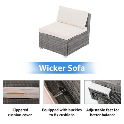 Set di divani componibili imbottiti da esterno in vimini/acciaio da 7 pezzi