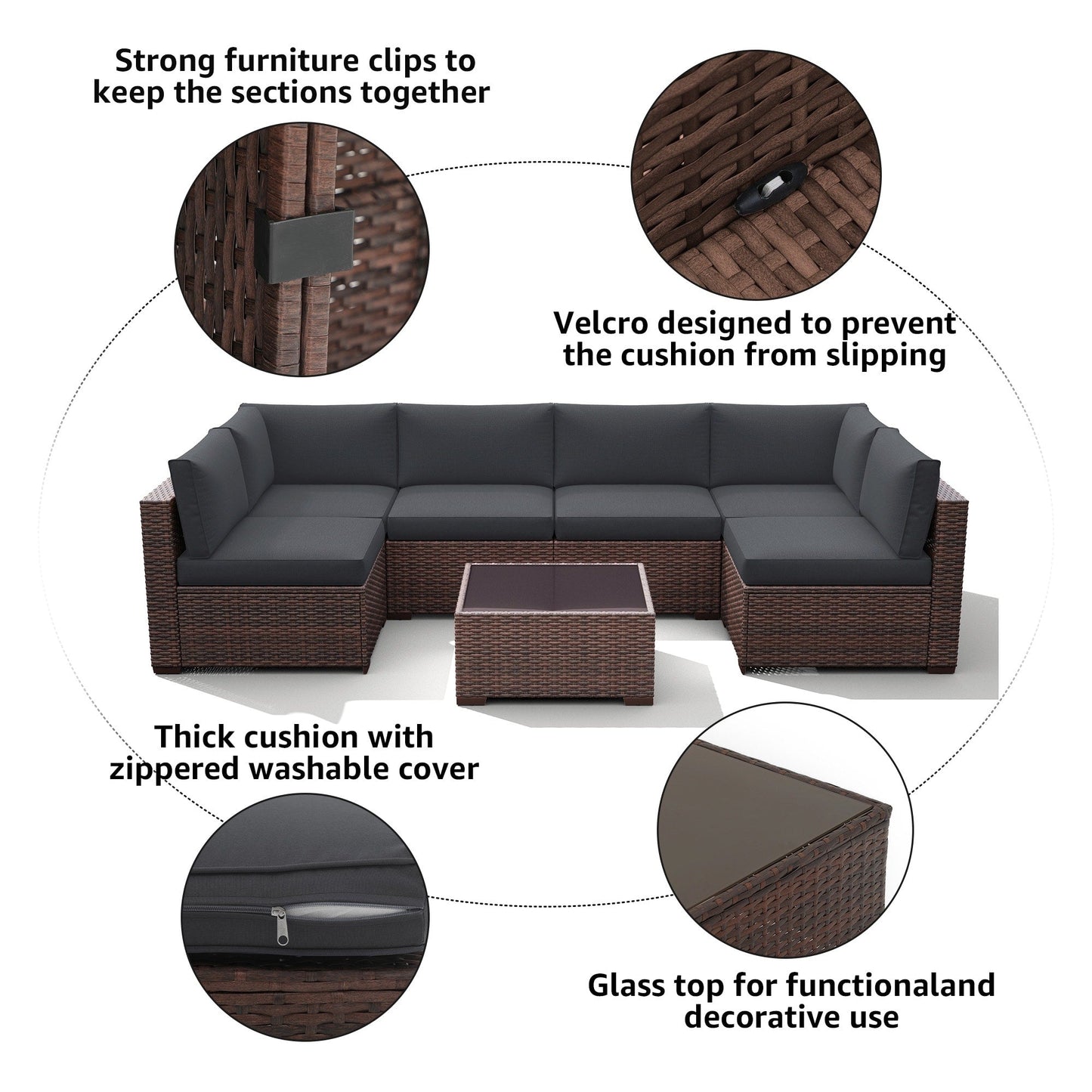 Set di divani componibili imbottiti da esterno in vimini/acciaio da 7 pezzi