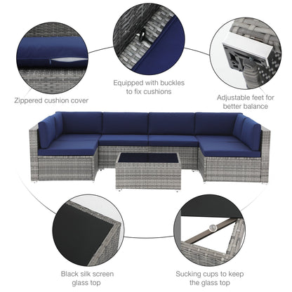 Set di divani componibili imbottiti da esterno in vimini/acciaio da 7 pezzi