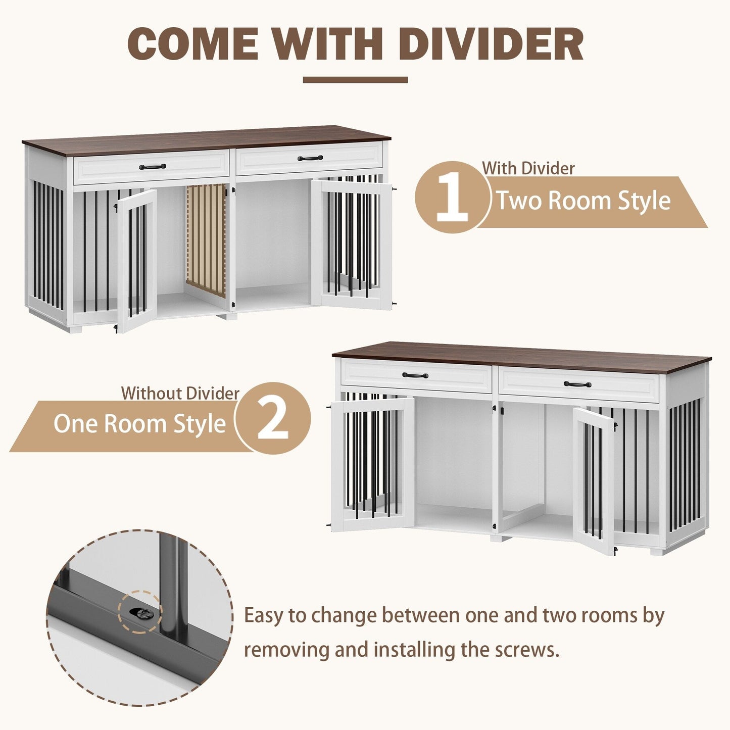 Cuccia per cani in legno con due cassetti e divisorio