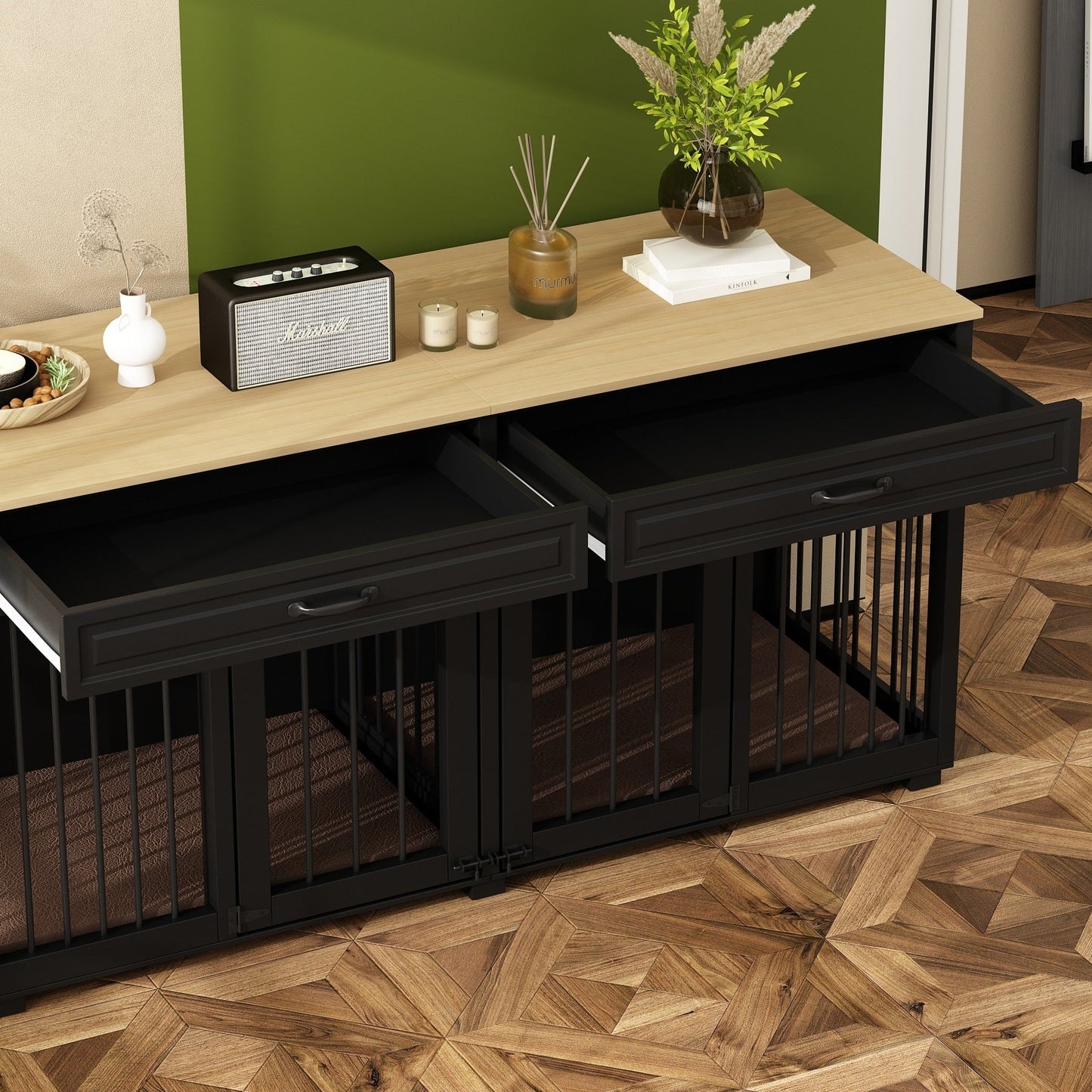 Cuccia per cani in legno con due cassetti e divisorio