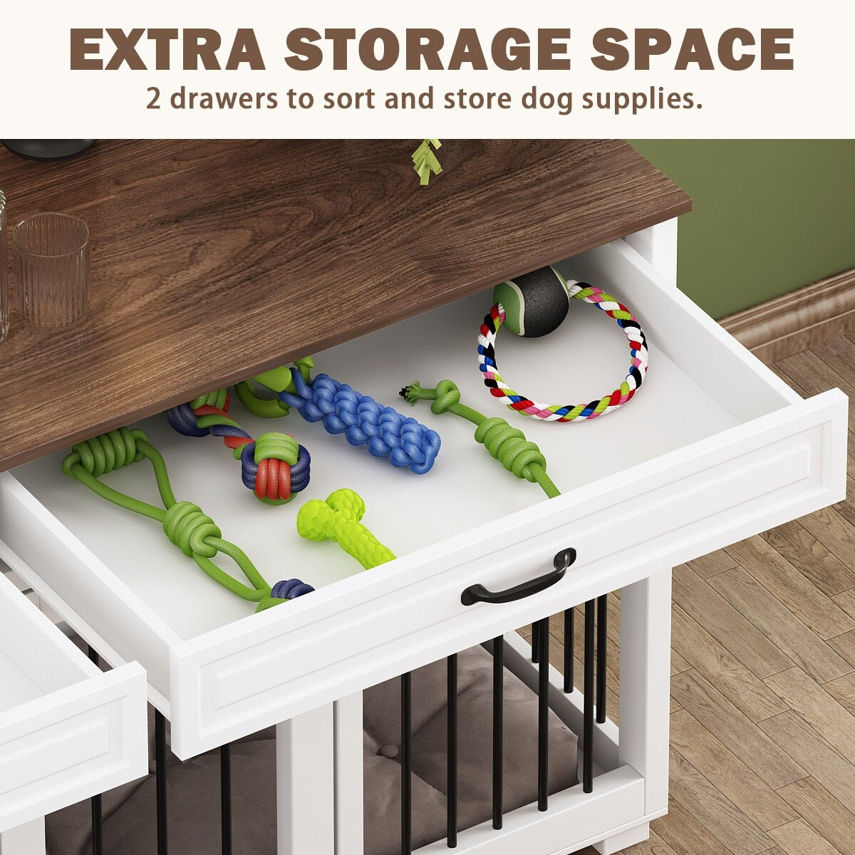 Cuccia per cani in legno con due cassetti e divisorio