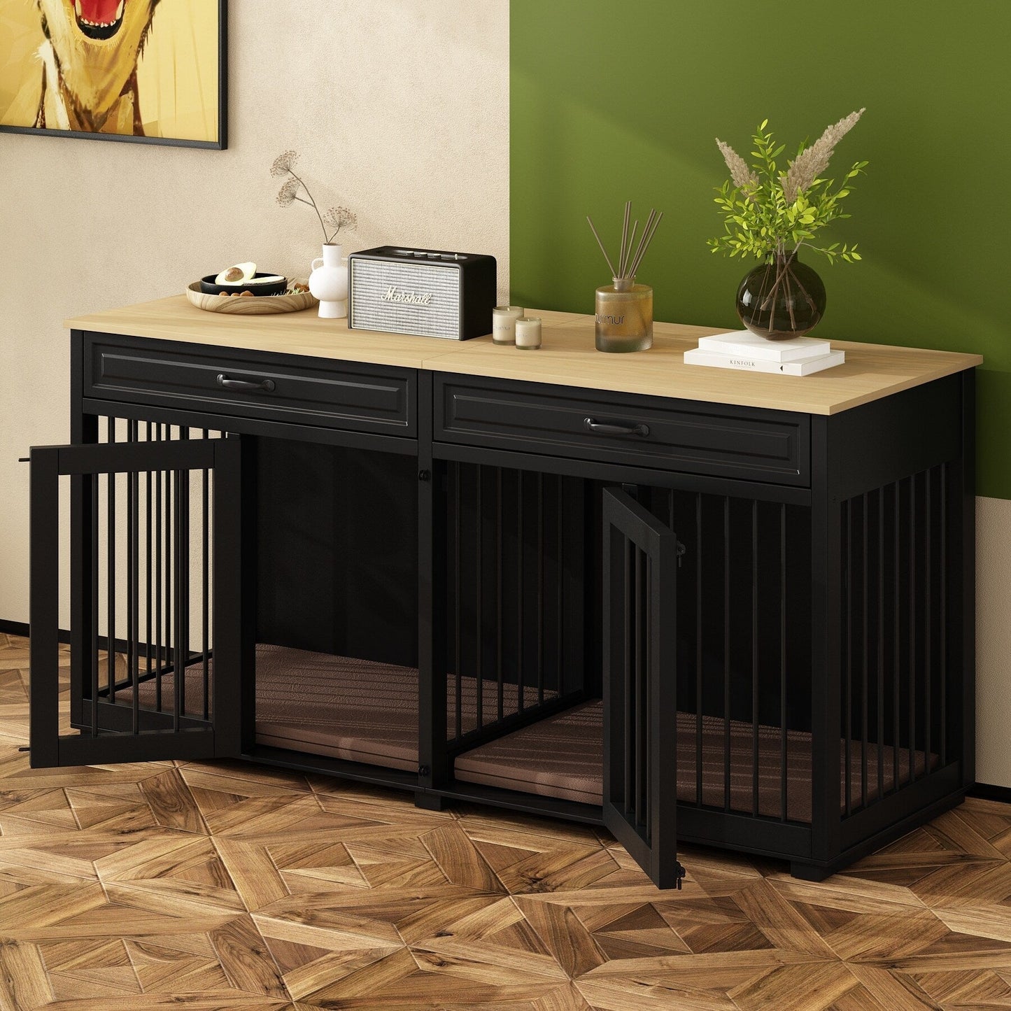 Cuccia per cani in legno con due cassetti e divisorio